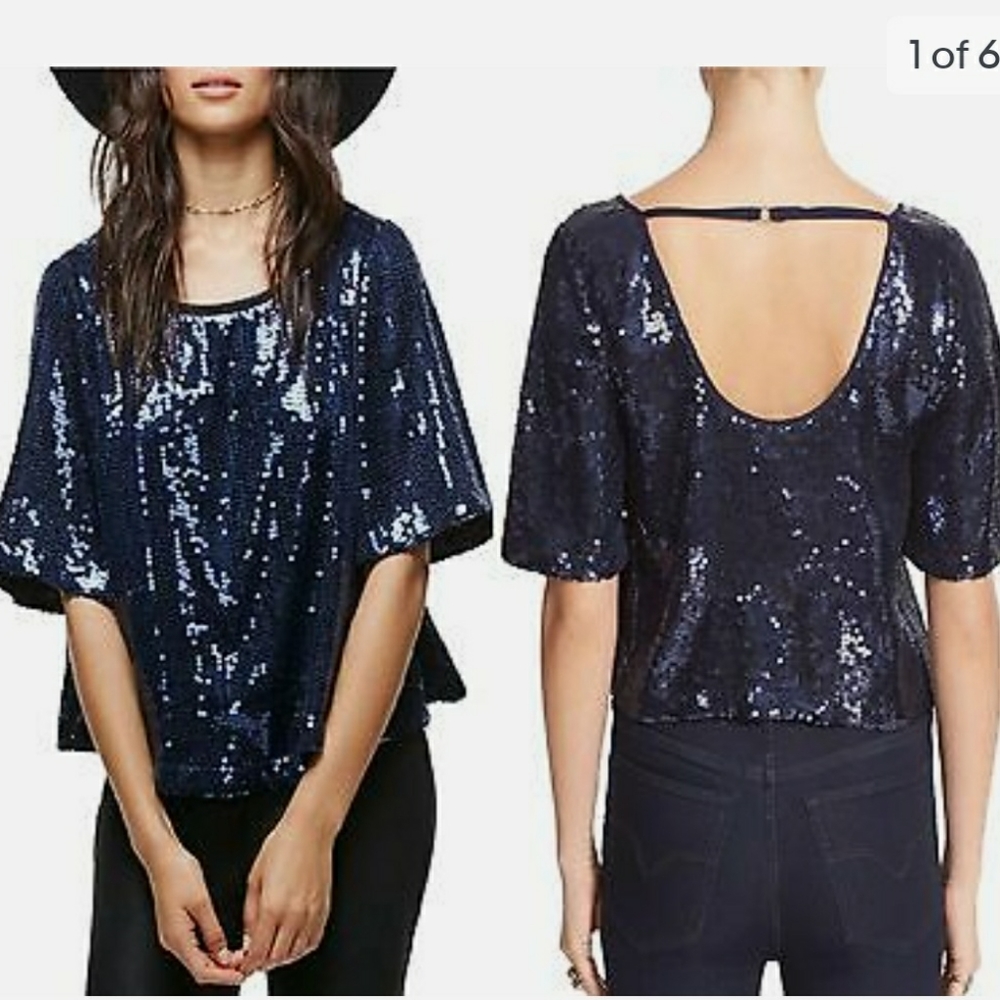 Free People 🌚 Blue sequin flutter sleeve plunging back crop top